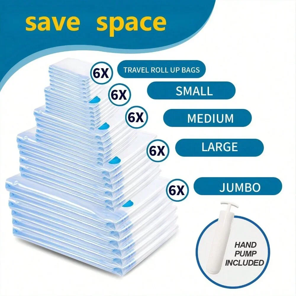 30 Pack Vacuum Sealer Bags for Clothes Storage, Hand Pump Included